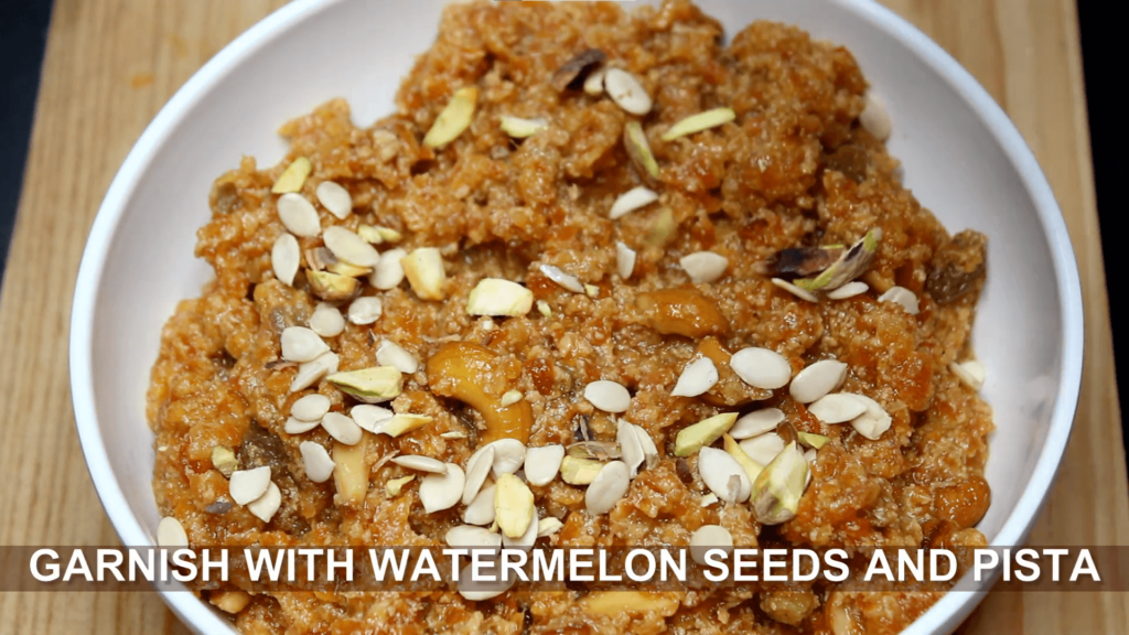 Gajar ka halwa - garnish with watermelon seeds, raisins, and pistachio